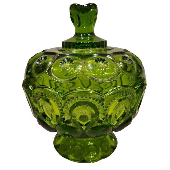 Vintage LE Smith 7.5"x6" Moon & Stars Green Footed Candy Dish/ Compote & Lid GUC - Picture 1 of 7